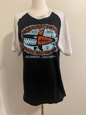 Oceanside California Shark Graphic Raglan Tee - Black & White